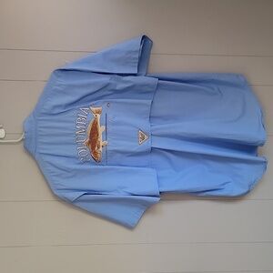 Columbia Mens PFG Fishing Shirt Red Fish Design Small Blue Short Sleeve